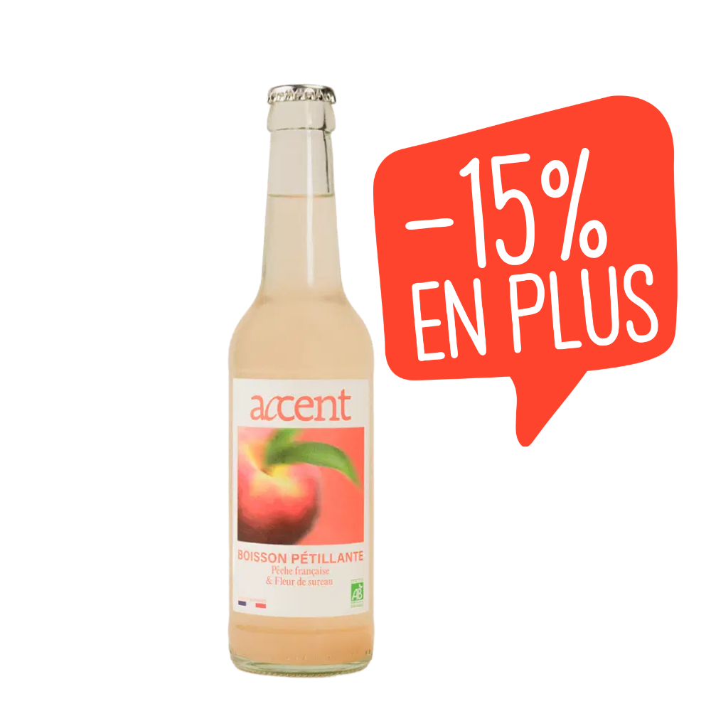 Boisson pétillante pêche et fleur de sureau bio