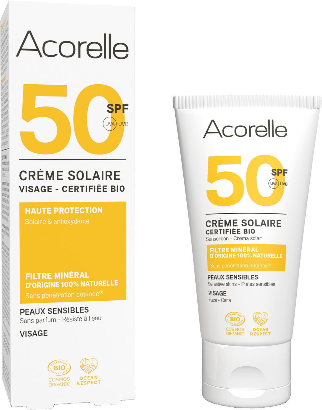 Crème solaire visage SPF50 sans effet blanc certifié bio