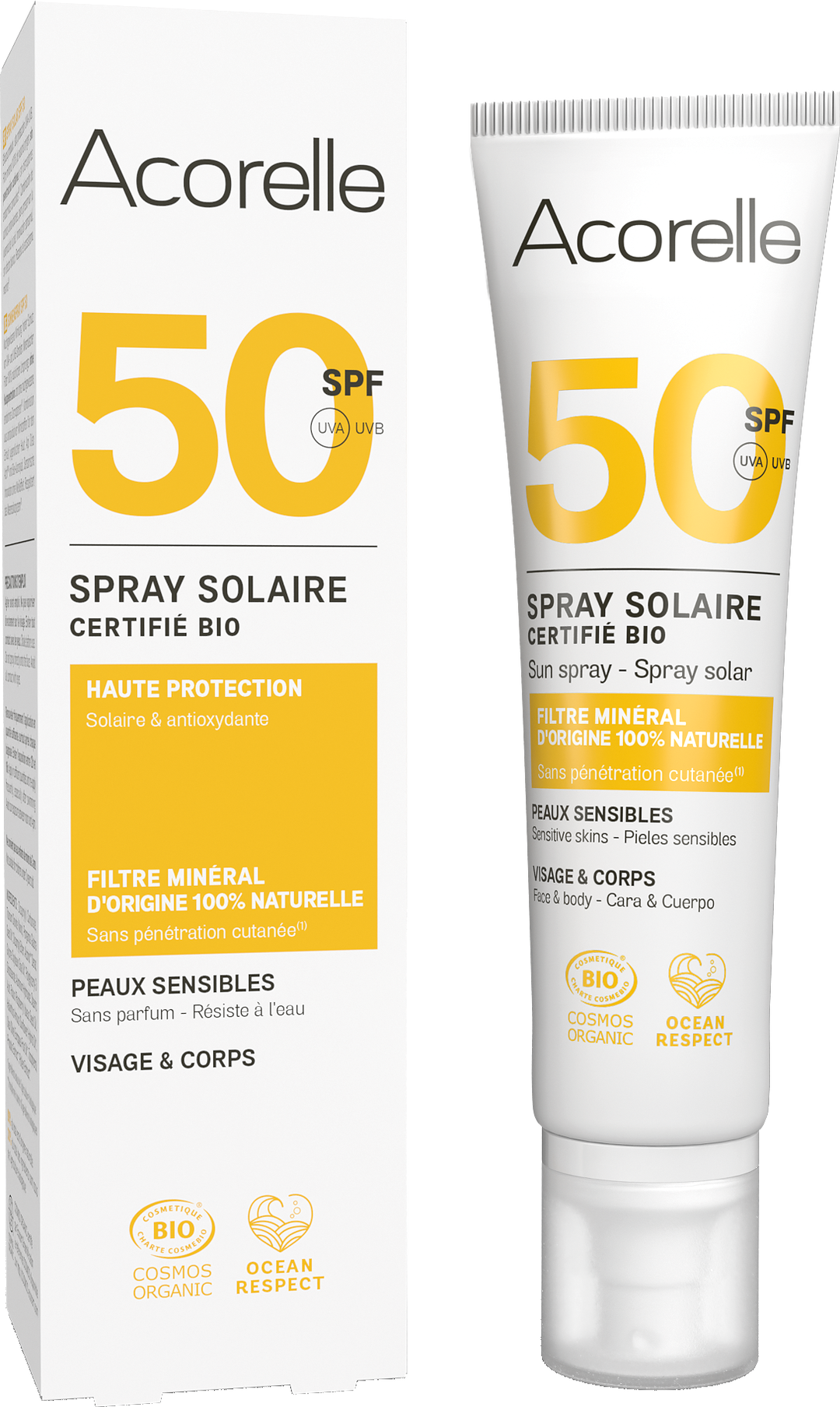 Spray solaire SPF50 sans effet blanc certifié bio