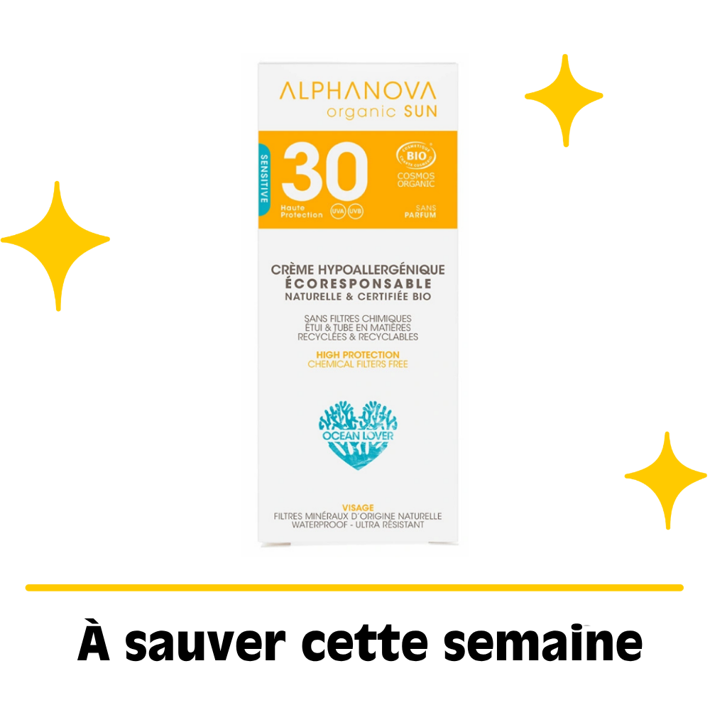 Crème solaire hypoallergénique SPF30+ certifiée Cosmos Organic