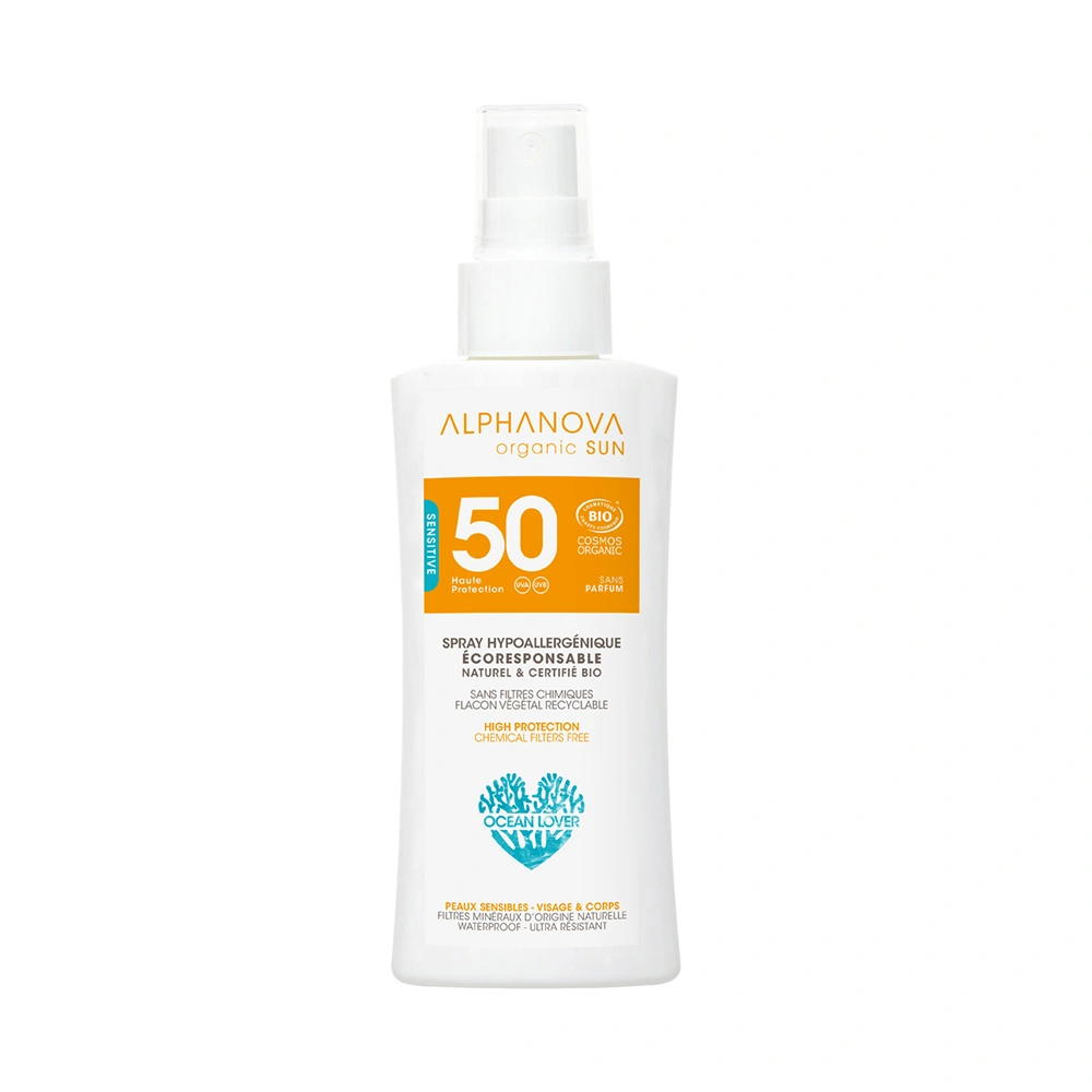Spray solaire hypoallergénique SPF50 certifié Cosmos Organic