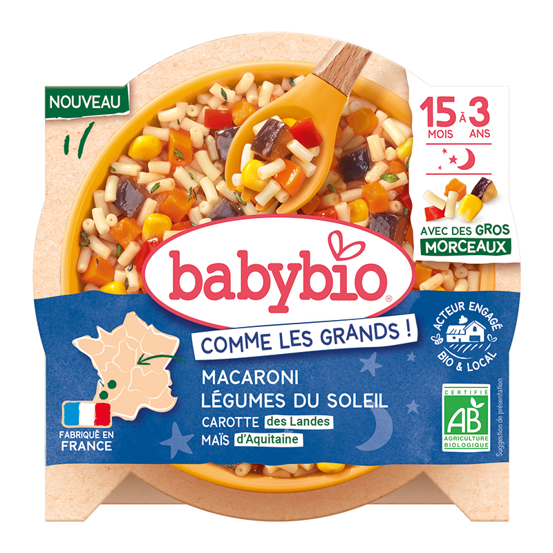 Menu soir macaroni et légumes du soleil, dès 15mois, bio