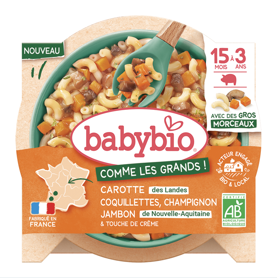 Menu midi carotte coquillette jambon et crème, dès 15mois bio
