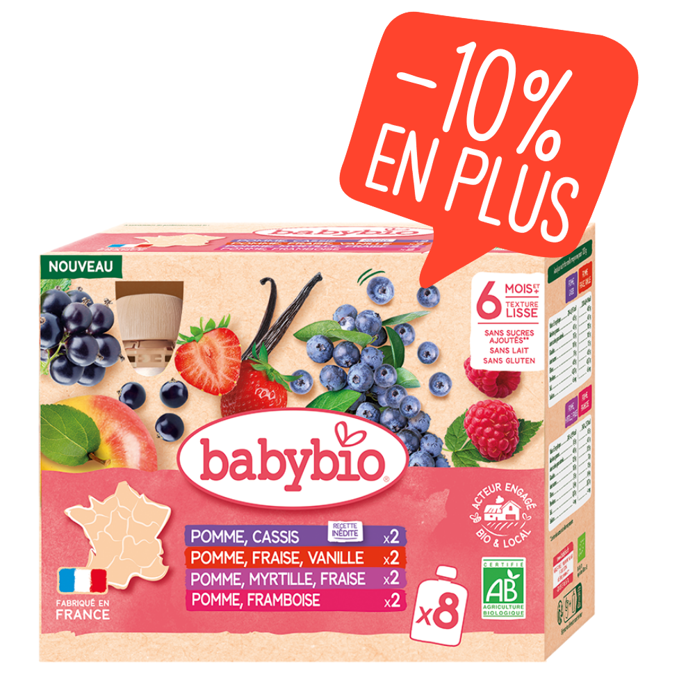 Multiparfums Fruits Rouges : Pomme Fraise Vanille, Pomme Myrtille Fraise, Pomme Framboise, Pomme Cassis Bio (dès 6 mois)