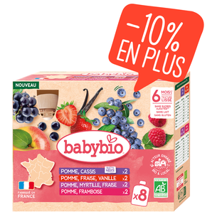 Multiparfums Fruits Rouges : Pomme Fraise Vanille, Pomme Myrtille Fraise, Pomme Framboise, Pomme Cassis Bio (dès 6 mois)