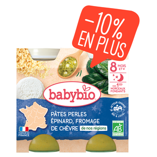 Petits pots soir pâtes perles epinards & fromage de chèvre bio - morceaux fondants (dès 8 mois) - 2x200g