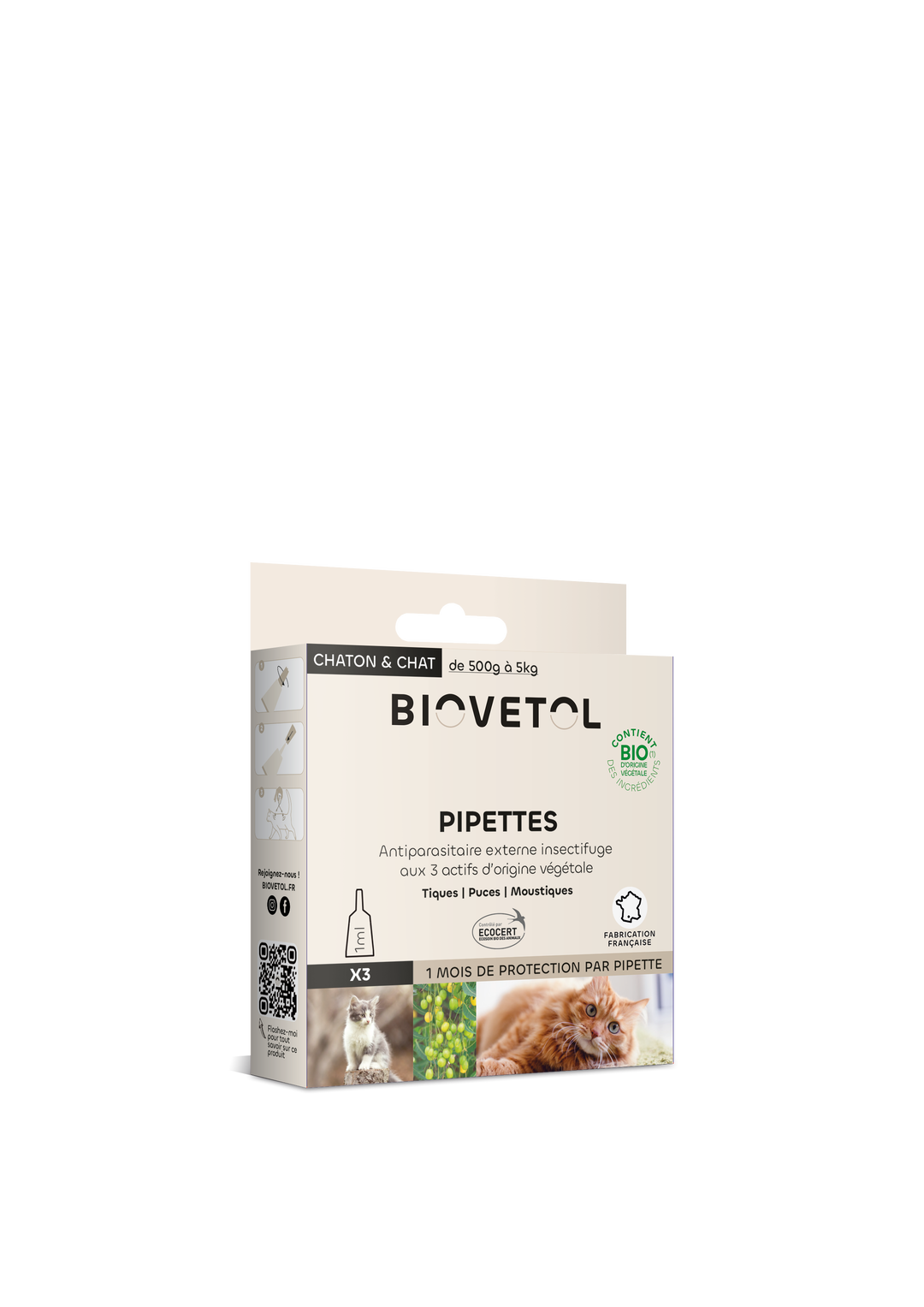 Pipettes anti-puces anti-tiques chat / chaton bio x 3