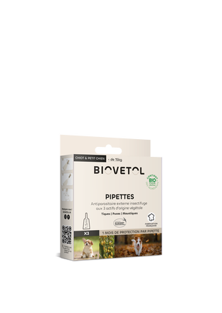 Pipettes anti-puces anti-tiques chiot / petit chien (-15kg) bio x 3