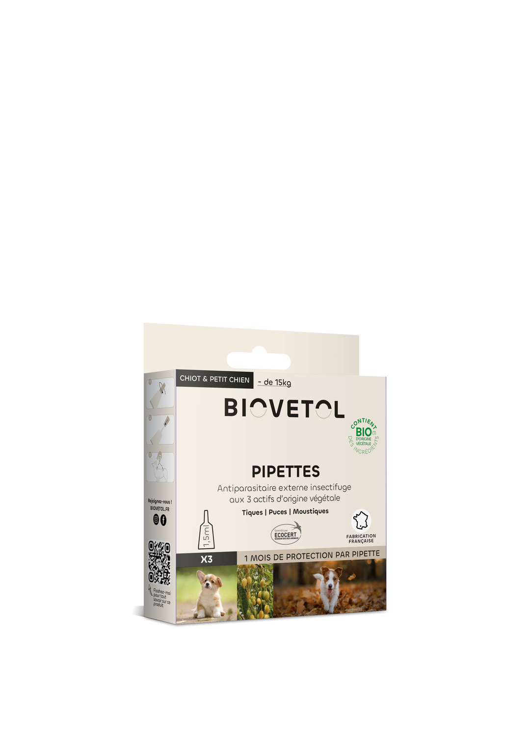 Pipettes anti-puces anti-tiques chiot / petit chien (-15kg) bio x 3