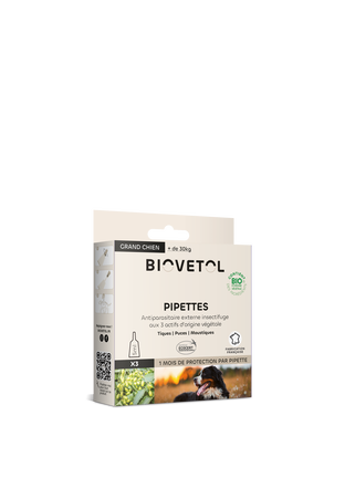 Pipettes anti-puces anti-tiques grand chien (+30kg) bio x 3