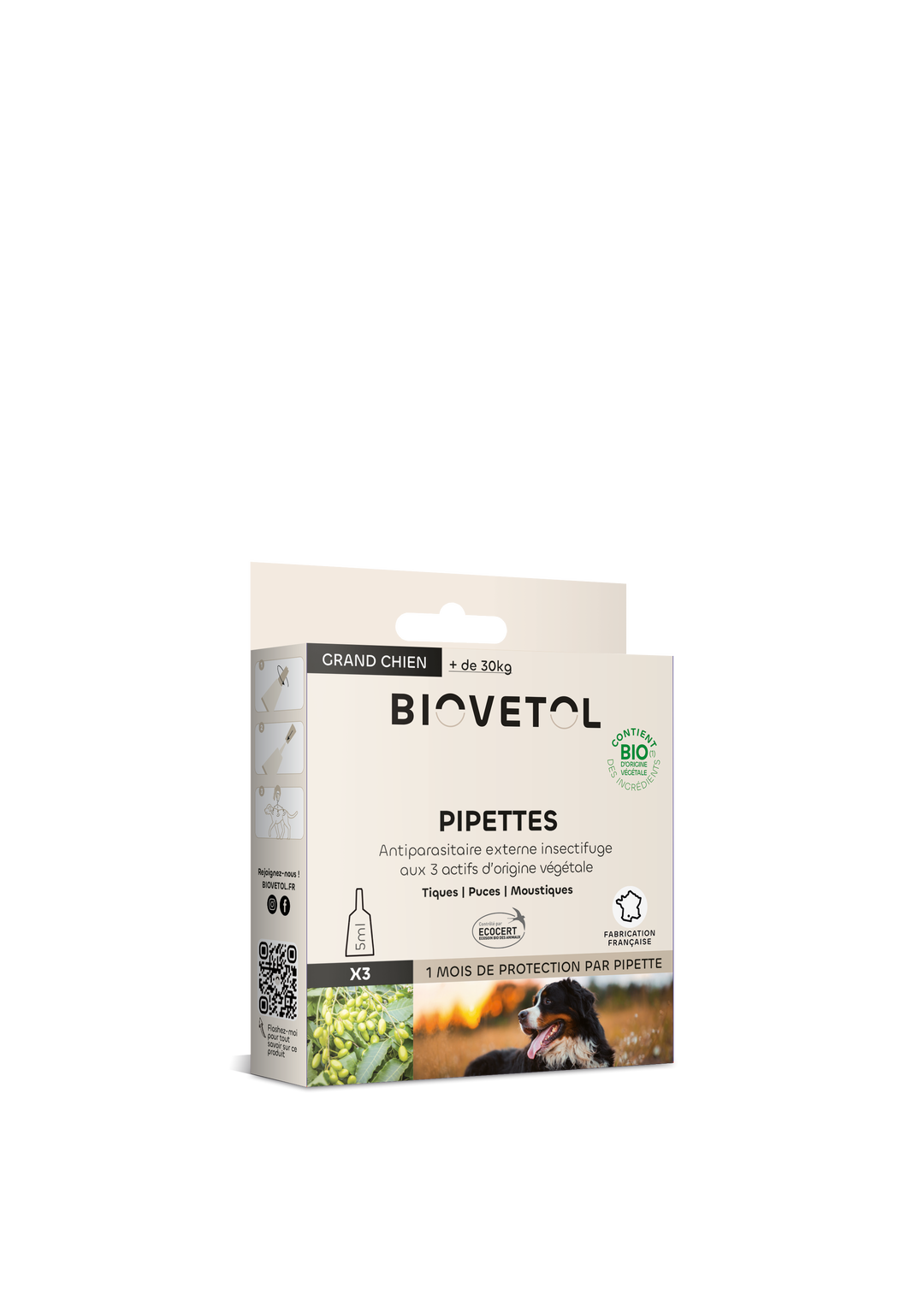 Pipettes anti-puces anti-tiques grand chien (+30kg) bio x 3