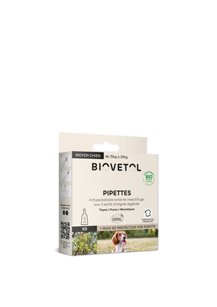 Pipettes anti-puces anti-tiques moyen chien (15 à 30kg) bio x 3