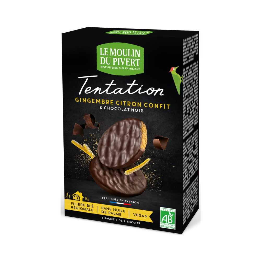 Biscuits tentation gingembre citron enrobés chocolat noir bio
