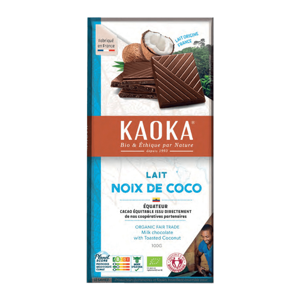 Chocolat au lait 38% et noix de coco bio et équitable