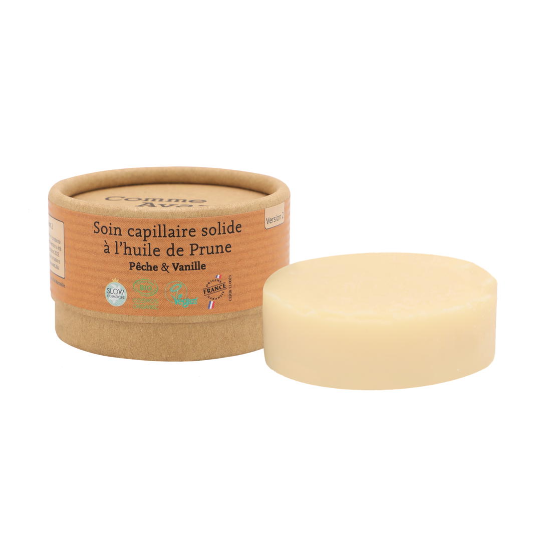 Soin capillaire solide à l'huile de prune - pêche & vanille