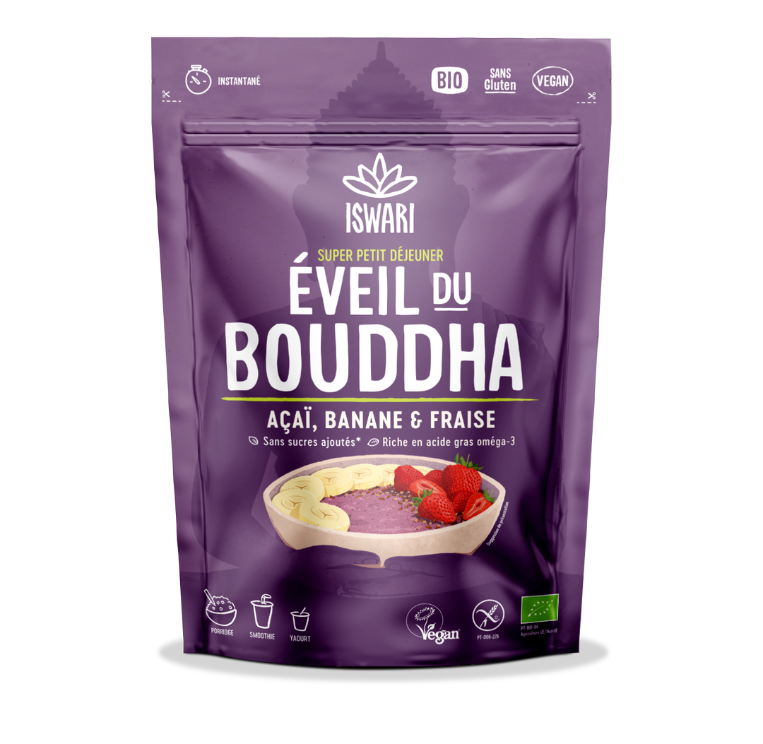 Petit déjeuner éveil du bouddha açaï banane et fraise bio