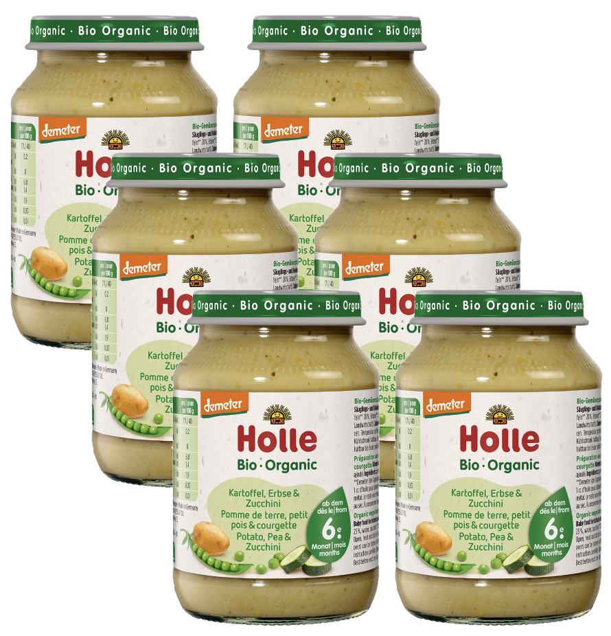 Bio Babybrei Kartoffel, Erbsen & Zucchini, demeter, ab 6. Monat, Karton 6 Stk. 