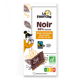 Chocolat noir 56% éclats d'amandes, de caramel et fleur de sel bio et équitable