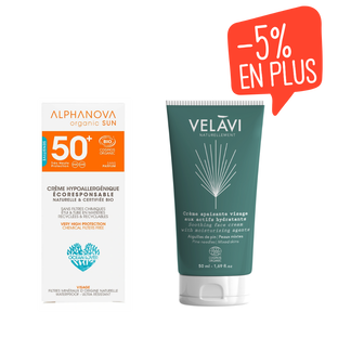 Duo crème solaire SPF50+ et crème apaisante bio