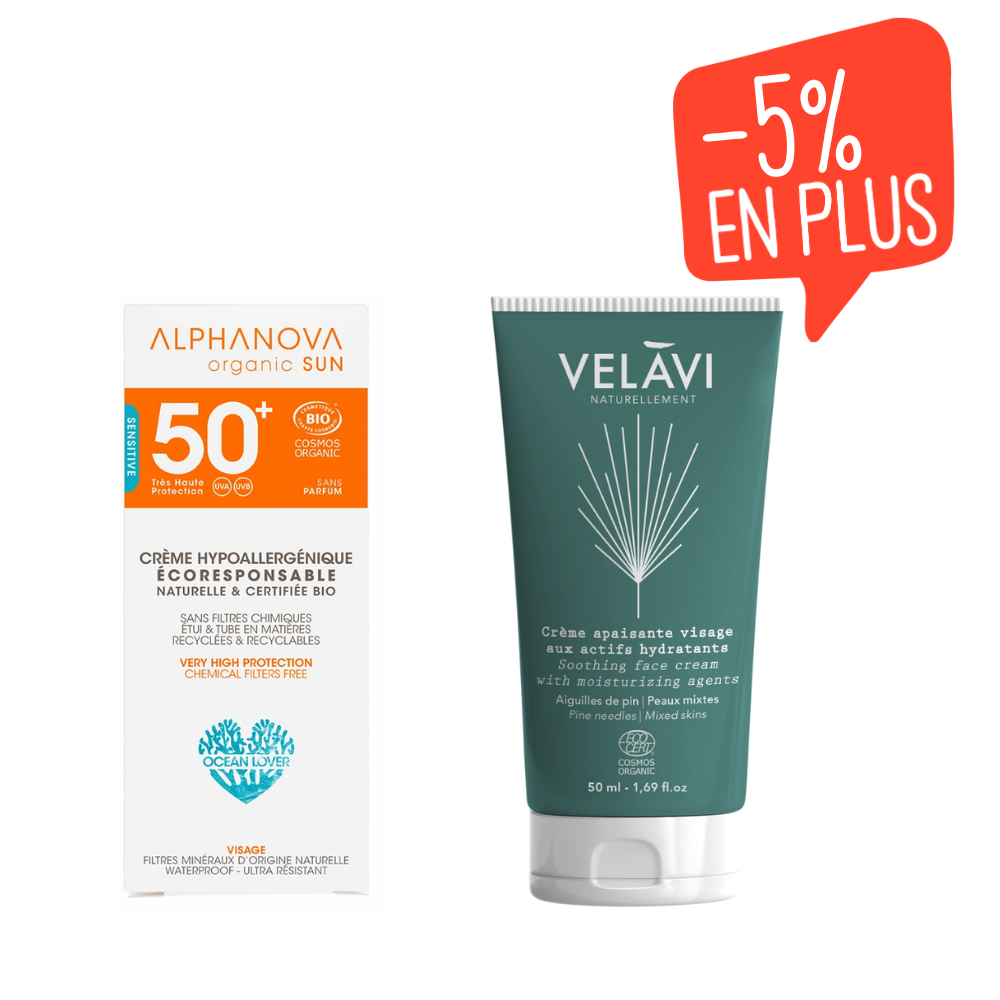 Duo crème solaire SPF50+ et crème apaisante certifiées Cosmos Organic 