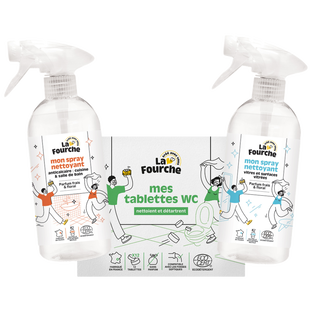 Panier salle de bain propre tablettes wc, spray anticalcaire et vitres