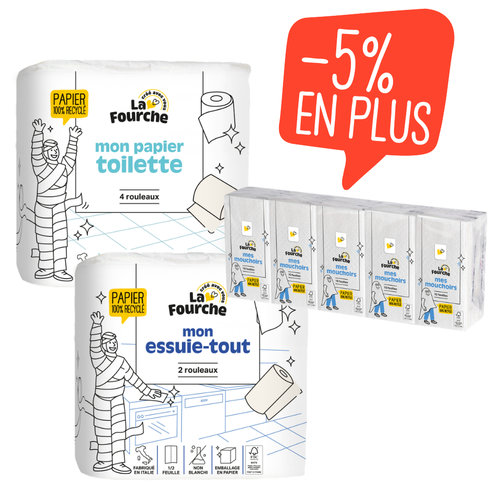 L'essentiel papier mouchoirs, papier toilette, essuie tout 100% recyclés