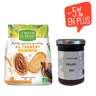 Lot petit déj’ : confiture fraise bio & petits pains grillés froment bio
