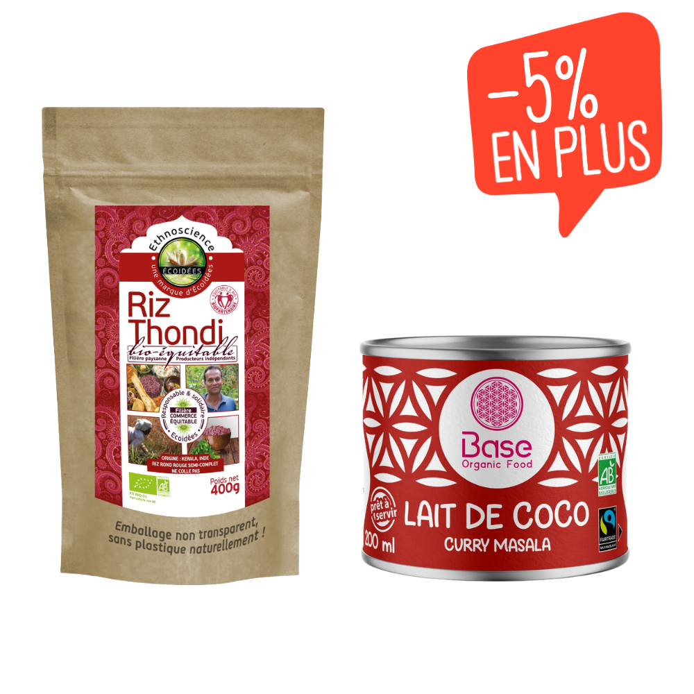 Lot riz rouge du kerala equitable bio etlLait de coco curry masala équitable & bio