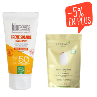 Lot Soin en poudre 2 en 1 pour bébé sans talc et crème solaire bébé SPF50+ certifiée bio