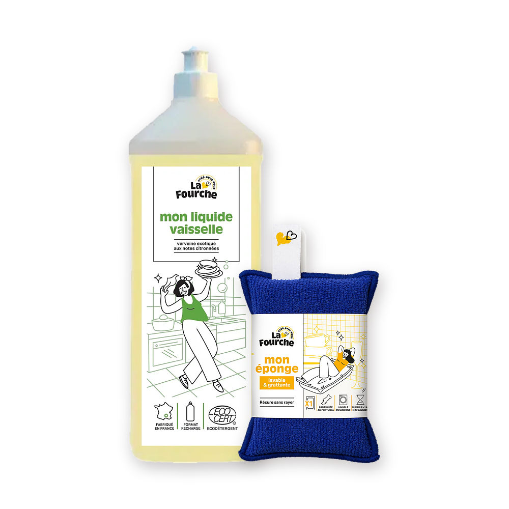 Mes essentiels vaisselle - Liquide vaisselle certifié Ecodétergent et éponge lavable grattante
