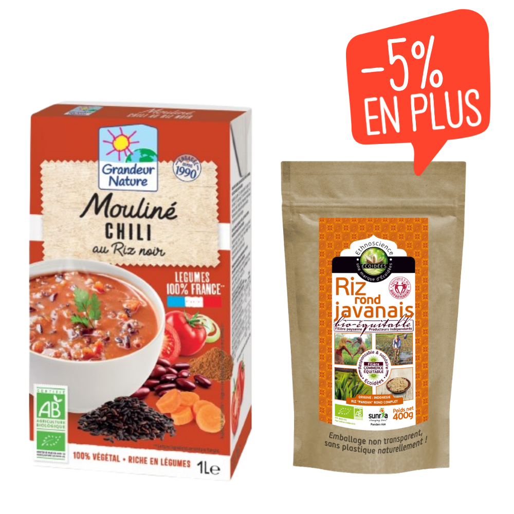 Panier chili sin carne : riz pandan équitable bio et mouliné chili bio