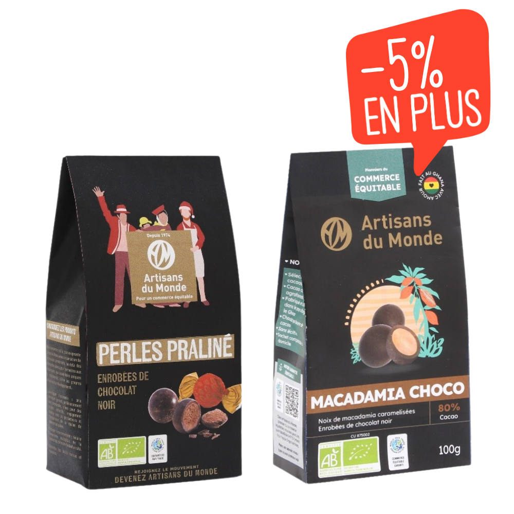 Panier duo de chocolat : Perles praline bio et Macadamia au chocolat bio
