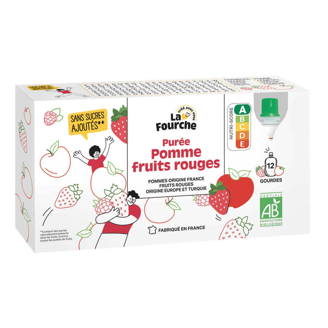 Purée pommes-fruits rouges en gourde bio - 12x90g
