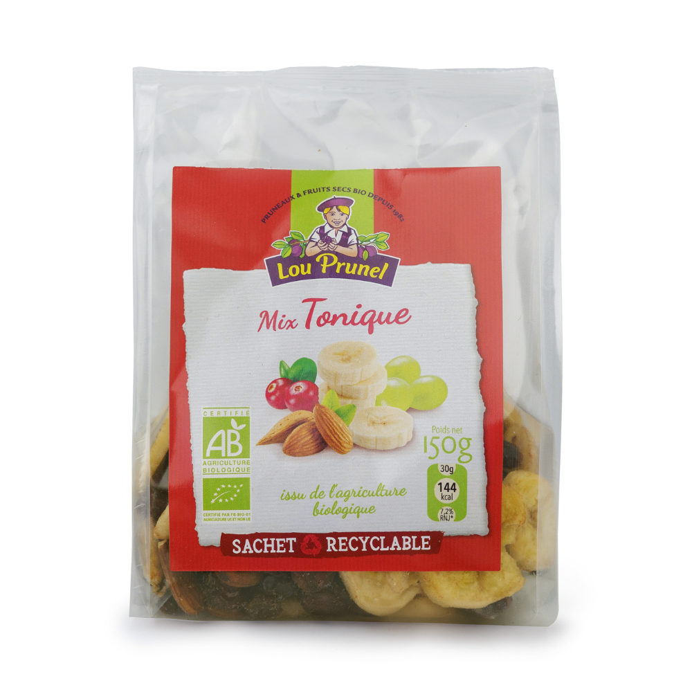 Mix tonique amandes chips de banane cranberries et raisins secs bio