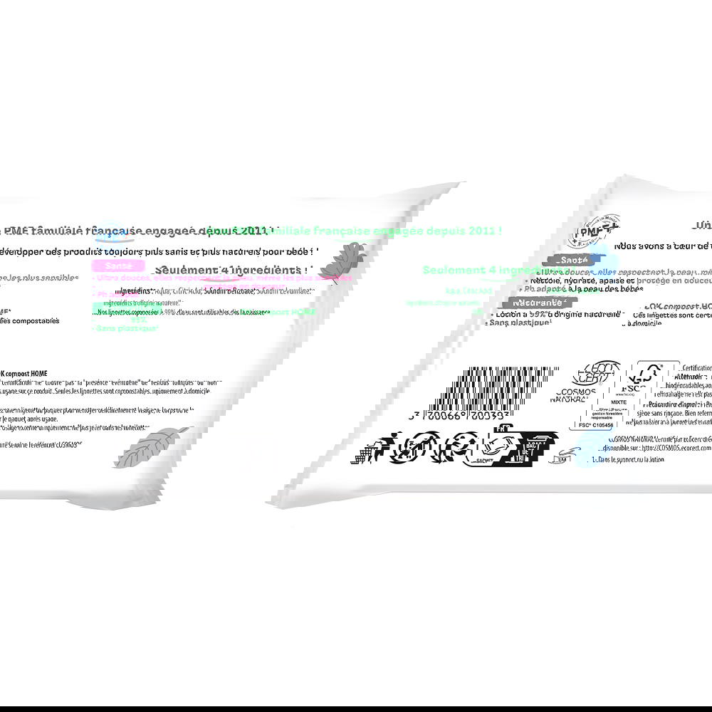 Lingettes à l'eau fibres d’origine naturelle x 56