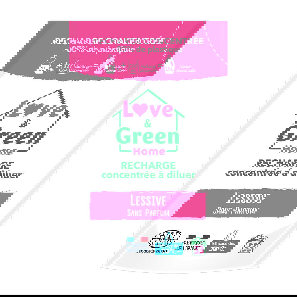Recharge concentrée à diluer de lessive sans parfum hypoallergénique certifiée Ecodétergent