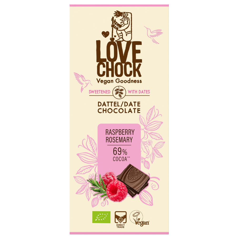 Tablette chocolat framboise romarin sucrée avec des dattes bio