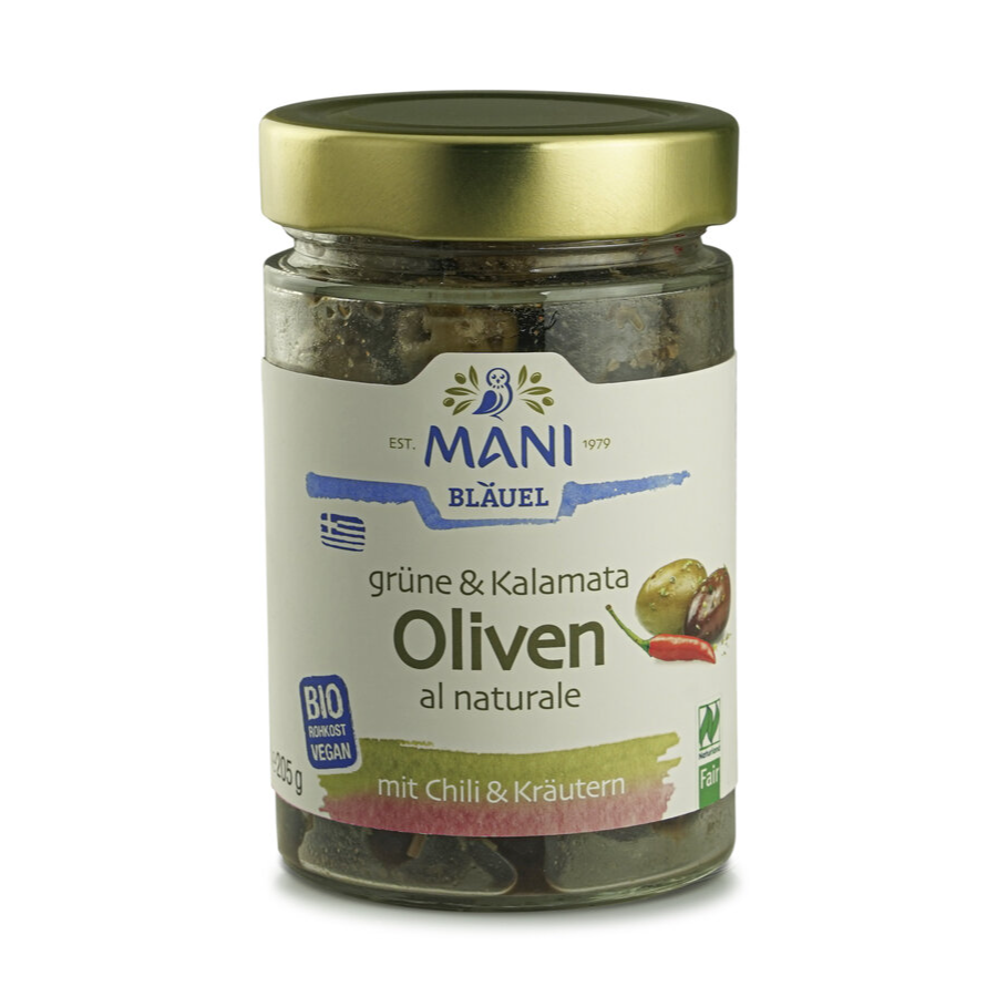 Bio Grüne &amp; Kalamata Oliven al naturale mit Chili &amp; Kräutern