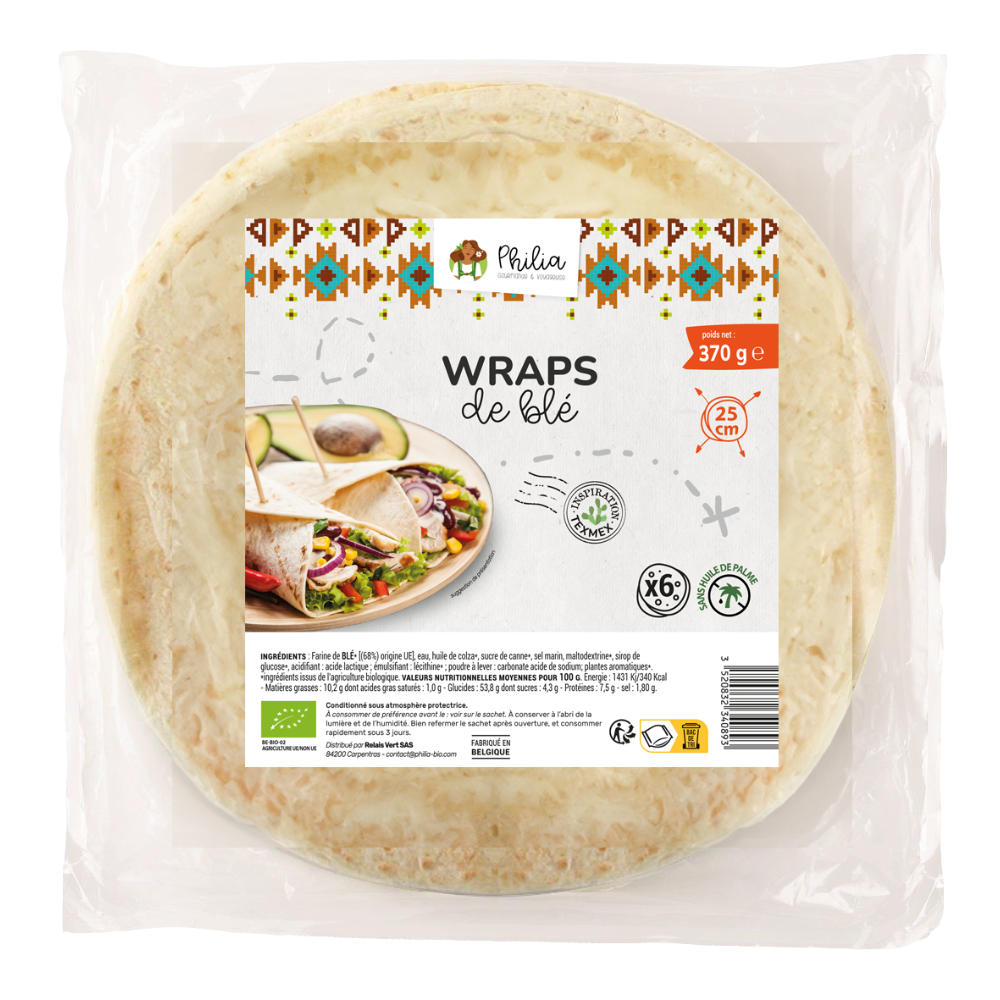 Tortillas wraps au blé bio - env 25cm - x6