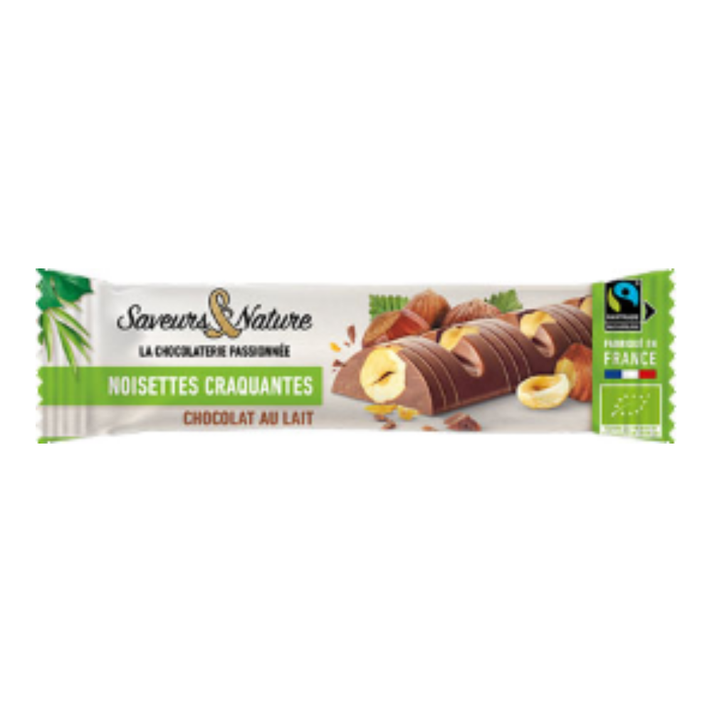 Barre de chocolat au lait incrustée de noisettes bio
