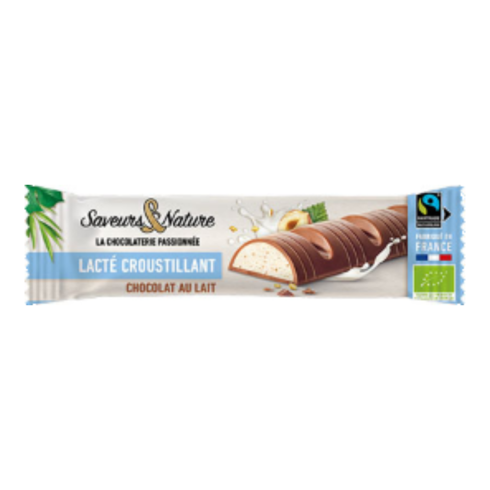 Barre lactée croustillante enrobée de chocolat au lait bio