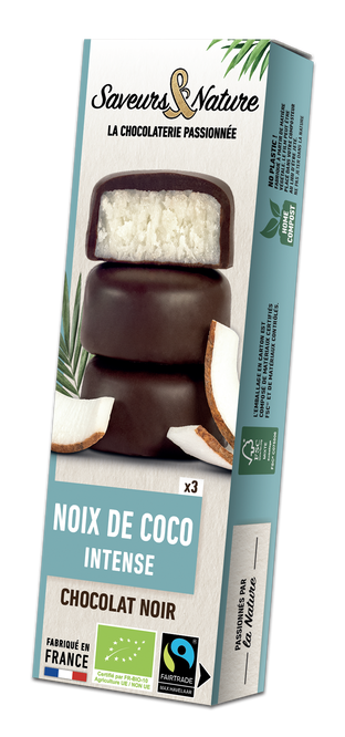 Bouchées à la noix de coco enrobées de chocolat noir 70% de cacao bio