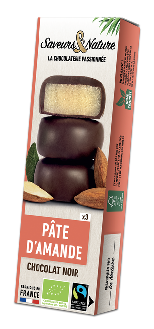Bouchées amandines pâte d'amande enrobées de chocolat noir 70% bio