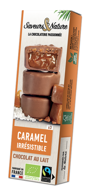 Bouchées de chocolat au lait au caramel et éclat de caramel bio