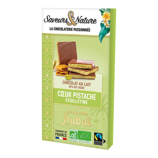 Tablette de chocolat au lait fourrée à la pistache bio