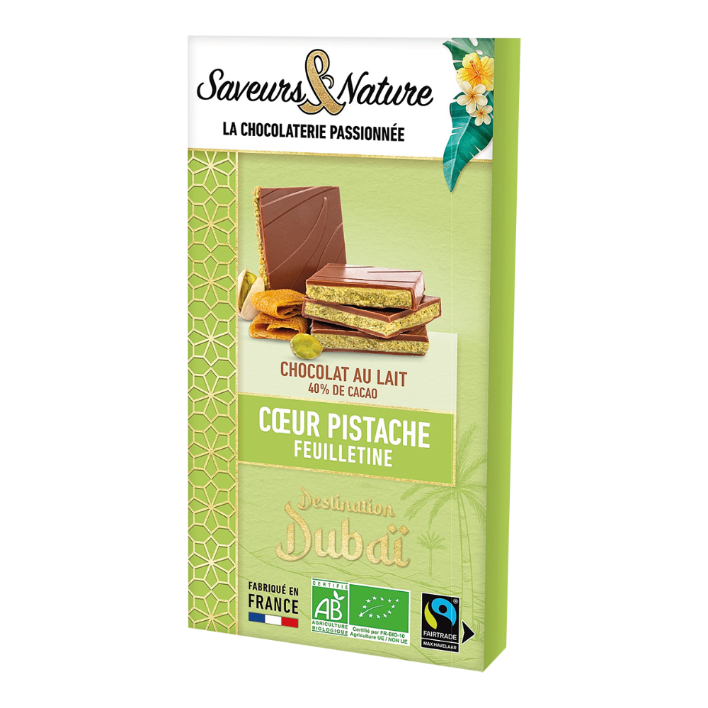Tablette de chocolat au lait fourrée à la pistache bio
