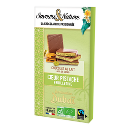 Tablette de chocolat au lait fourrée à la pistache bio